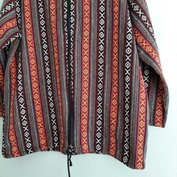 Woven Tribal Boho Full-Zip Hooded Jacket Ethnic Embroidered Fabric Sz L - Picture 5 of 11